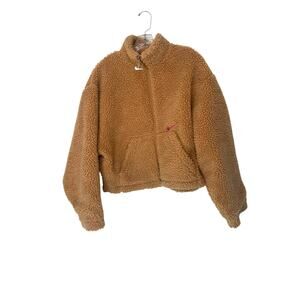 Nike‎ Camel Brown Swoosh Women's Mock Neck Sherpa Fleece Zip Up Jacket Medium